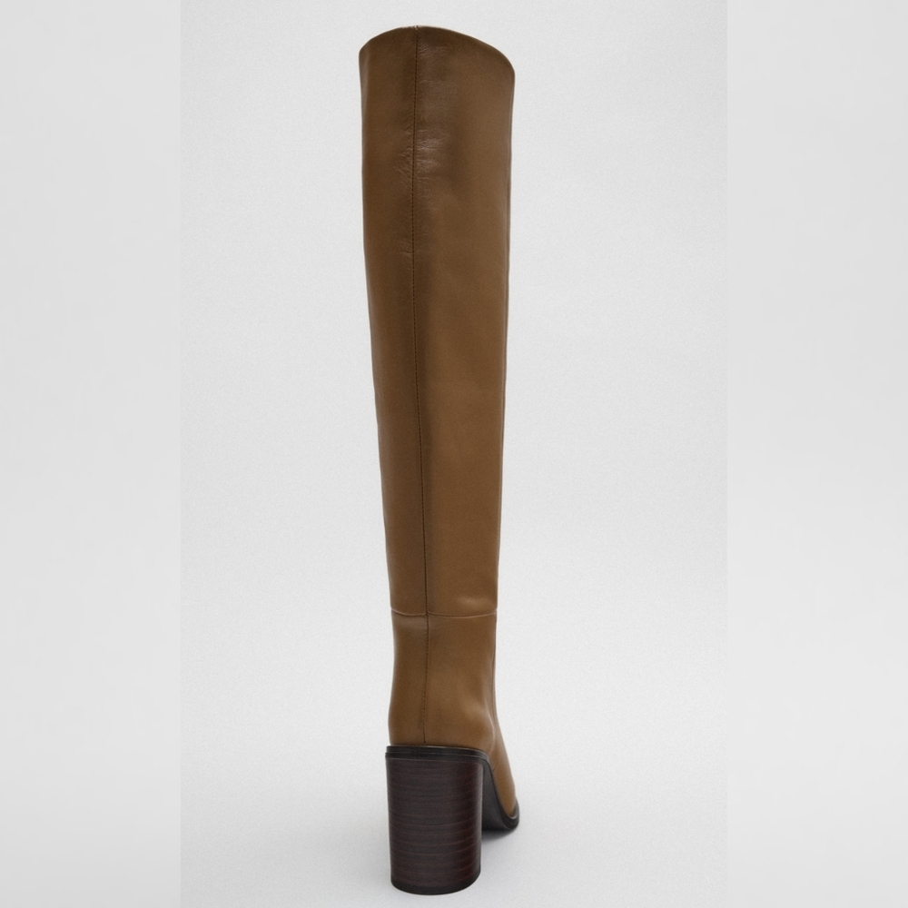 Zara Knee High Heeled Leather Boots Brown Bloggers Favorite NWT - Picture 7 of 14
